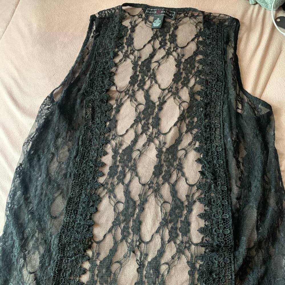 Polly & Esther Black Lace Sleeveless Duster Vest